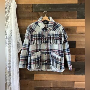 Blank Nyc Fringe Plaid Light Blue / Pink / Grey Shacket Jacket